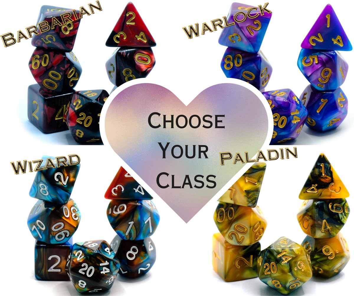 Kies je Klasse Set - Vier Polysets Dice | Dobbelstenen - 4 Sets Van 7 Stuks | Voor D&D en Andere Rollenspellen | Plastic Dobbelstenen Sets voor Dungeons and Dragons | Polyhedral Dice Sets | Plus Dice Bags